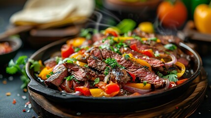 A sizzling steak fajita platter with tender strips of grilled steak sauted peppers and onions warm tortillas shredded cheese and an assortment of fresh salsas and guacamole - obrazy, fototapety, plakaty
