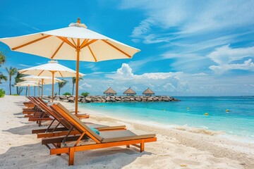 Relax tourism landscape. beach resort umbrellas chairs, leisure concept. sunny sea view