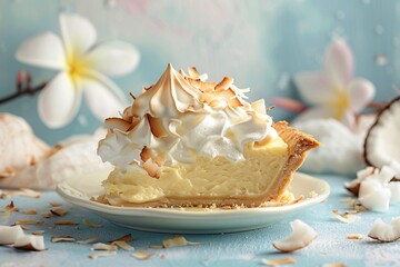 A towering slice of coconut cream pie with a flaky crust a rich custard filling and a fluffy meringue topping garnished with toasted coconut shavings