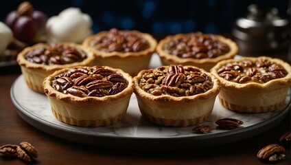 Obraz na płótnie Canvas Delicious pecan pies with a shiny glaze on a marble plate, perfect for dessert or a sweet treat