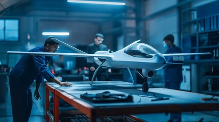 Team of professionals examining a drone in a high-tech aerospace facility, showcasing innovative aviation technology.