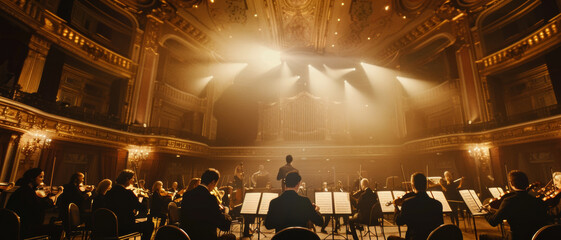 Symphony orchestra in mid-performance, captured in a majestic concert hall.