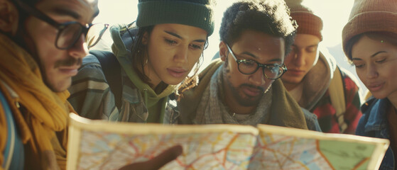 Young adventurers studying a map together on their outdoor journey.