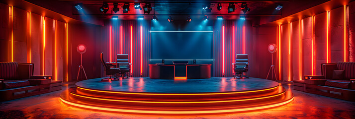 Empty Game Show Talk Show Set With Stage Lights ,
Luminous podium wall reflection neon glass geometric blurred shapes futurism bright - obrazy, fototapety, plakaty