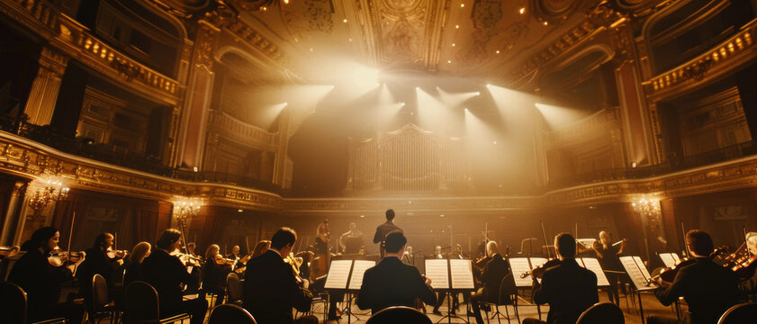 Symphony orchestra in mid-performance, captured in a majestic concert hall.