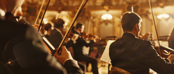 A violin section in focus at an opulent concert hall.