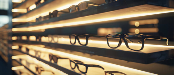 Pristine eyeglasses lined on a lit, modern display, hinting at sophisticated style.
