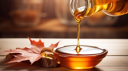 Maple syrup slowly drizzles from a glass bottle into a bowl, creating a sweet and flavorful addition to any dish.