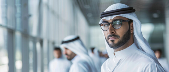 Fototapeta na wymiar Emirati man in traditional attire with a thoughtful expression in modern settings.