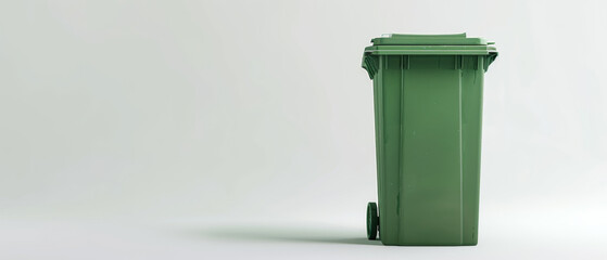 Green wheelie bin isolated on a clean white background, symbolizing waste management.