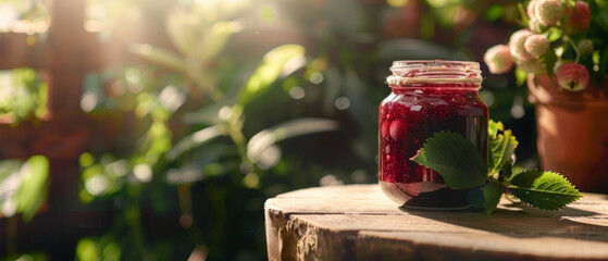 Sunlit jar of homemade jam on a rustic wooden table amidst greenery. - obrazy, fototapety, plakaty