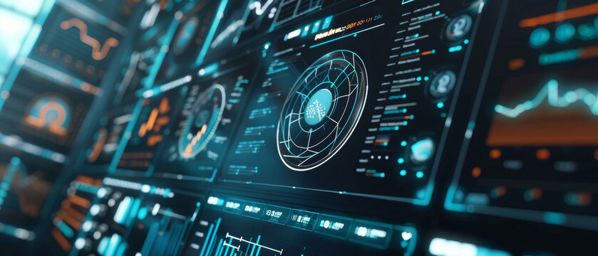 Futuristic interface with complex data analytics on glowing screens in a dark room. - Powered by Adobe