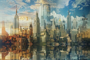 A painting depicting a city skyline with towering skyscrapers reaching towards dramatic clouds, showcasing the evolution of urban architecture through the centuries. Generative AI