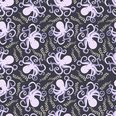 Pink cute octopus, seamless pattern. Vector illustration