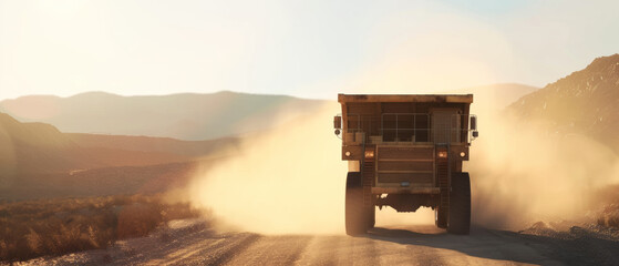 Dust trails behind a massive mining truck driving through a hazy desert sunset.