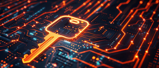 A glowing digital circuit board with a security key symbol highlights themes of cybersecurity and encryption.