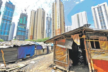 Fototapeta na wymiar slum areas and poverty behind highrise buildings in the city professional photography