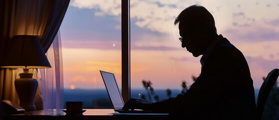 Silhouetted man working on laptop against a twilight backdrop, a study in remote work devotion.