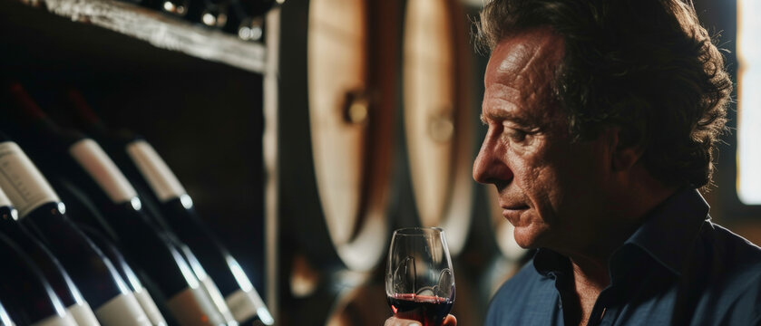 Solemn connoisseur evaluating fine wine in the dim ambiance of a cellar.