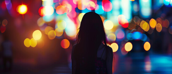 A solitary figure lost in the night's luminescence, surrounded by vibrant urban lights.