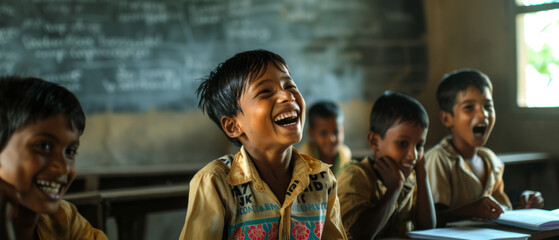 Joyful children laughing in a classroom with a blackboard in the background.