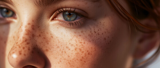 Close-up of a child's face highlighting bright, curious eyes and freckled cheeks. - obrazy, fototapety, plakaty