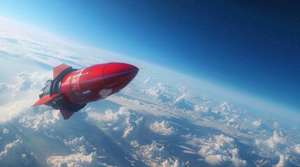 A red jet is seen soaring through the clear blue sky, leaving a streak of red behind it. The plane is mid-flight, with its engines roaring as it moves swiftly through the atmosphere.