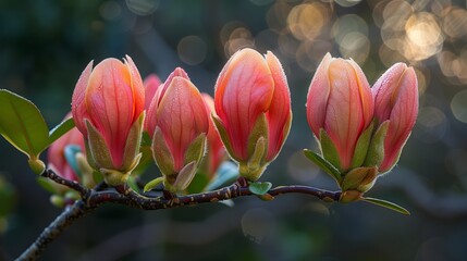 Dew-kissed magnolia blossoms at dawn: Close-up of pink magnolia flowers with dew drops and a bokeh background