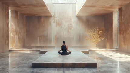 Serene yoga practice in minimalist space: person meditates in a sunlit, modern, and tranquil interior, blending nature with architecture