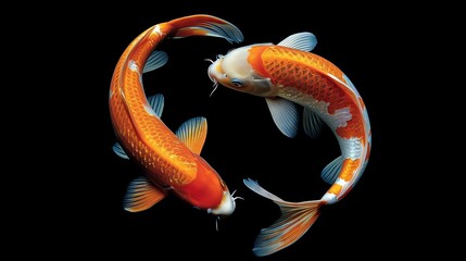 two koi fish swimming in a circle in a dark background. forming a yin and yang symbol