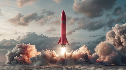A red rocket is blasting off into the sky with tremendous force and speed. The fiery trail left behind shows the intensity of the launch as it ascends into the atmosphere.