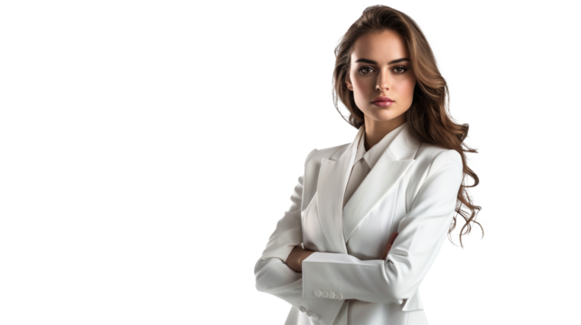 A strikingly beautiful woman in a sharp white suit, her confident stance and refined style highlighted against a seamless white background