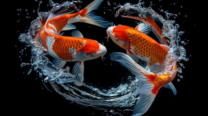 two koi fish swimming in a circle in a dark background. forming a yin and yang symbol