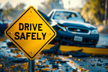Drive safely yellow road sign closeup with car accident - 764750557