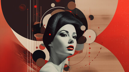 Abstract art with a vintage female portrait fused with modern graphic elements
