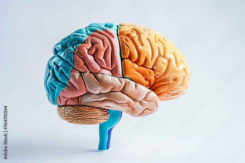 Poster a detailed model of the human brain displayed on a white background, showcasing its intricate struct