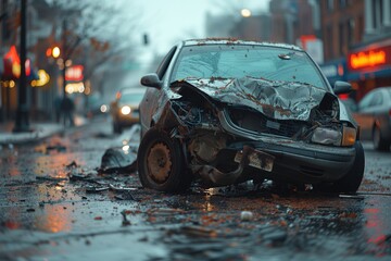 Fototapeta premium A mangled vehicle sits abandoned on a rainy street, highlighting the dangers of urban driving and road safety