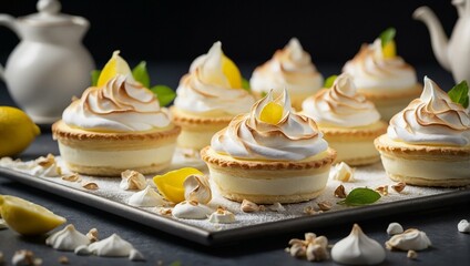 Elegant lemon meringue tartlets surrounded by lemon pieces and meringues on a slate serving board - obrazy, fototapety, plakaty