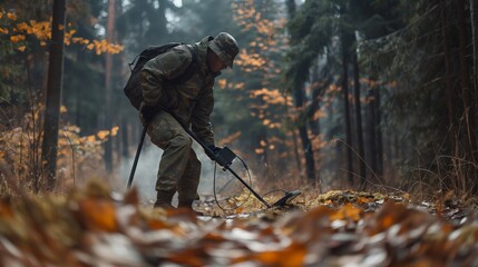 A person in military-style clothing uses a metal detector in a misty forest during autumn, searching the ground for discoveries. - obrazy, fototapety, plakaty