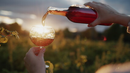 The winemaker pours red wine into a glass, stands in the vineyard where the sun is beautiful. 4k slow motion video