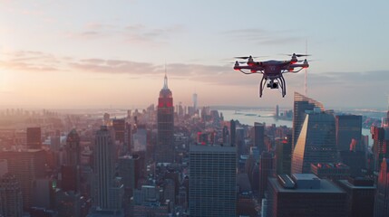 Drone is seen flying over a sprawling urban landscape, with tall buildings and streets below. The plane appears to be in motion, soaring across the sky above the city.
