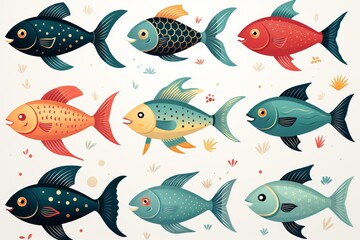 Obraz premium Colorful fish icons set on white background, cartoon style illustration for design projects