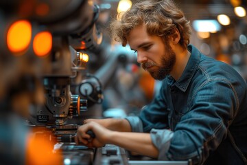 A professional engineer in denim shirt focuses on controlling a sophisticated robotic arm in a high-tech industrial setting