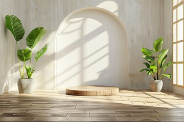 Simple Scandinavian style wooden podium in a clean airy room with natural light and green plants