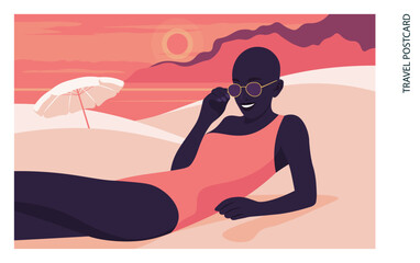 Obraz na płótnie Canvas African woman lying on the sandy beach on the background with sea and mountains. Summer vacation at southern resorts. Vector flat illustration