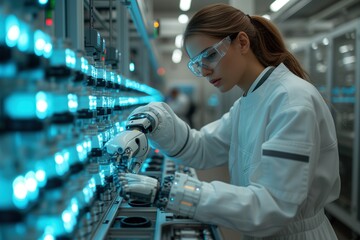 The image captures a technician intricately working on hi-tech machinery or components in a technologically advanced laboratory