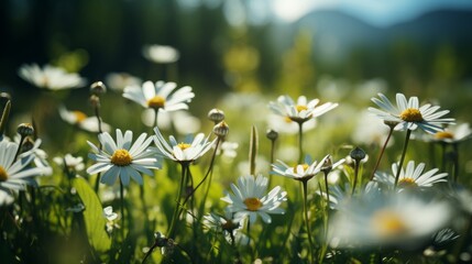 Vibrant spring daisies wildflowers clearing in mountain valley, soft focus blurred background