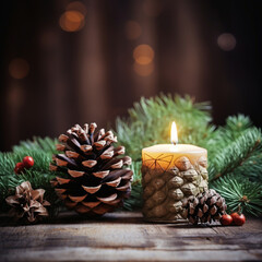Fototapeta na wymiar Holiday Christmas, Holiday, Pine Cone, Christmas Ornaments, Candle сreated with Generative Ai