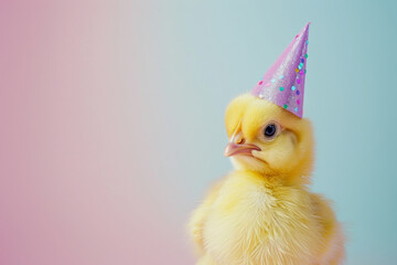 A cute easter chick wearing a fun celebration party hat