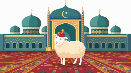 Captivating Eid al-Adha Illustration: Lifelike Sheep Gracing the Scenic Mosque